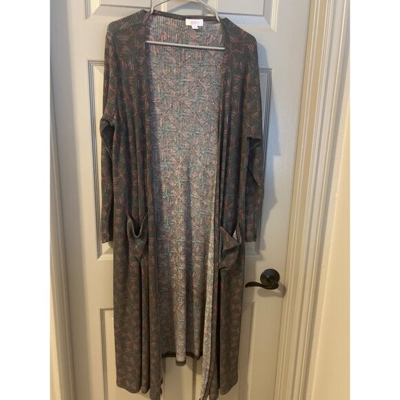LuLaRoe Sarah Duster Cardigan – Gray Rib Knit, Abstract Print, Pockets, M - Picture 4 of 7